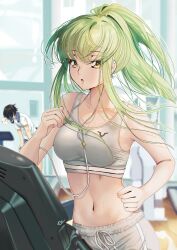 Rule 34 | 1boy, 1girl, absurdres, alternate hairstyle, bare arms, bare shoulders, black hair, blush, breasts, budgiepon, c.c., code geass, collarbone, commentary, crop top, crossed bangs, earbuds, earphones, exhausted, floating hair, giving up the ghost, green hair, gym, hair between eyes, highres, indoors, leaning forward, lelouch vi britannia, long hair, looking afar, looking at viewer, medium breasts, midriff, navel, nose, open mouth, parted lips, ponytail, running, scar, shirt, short hair, short sleeves, sidelocks, signature, solo focus, sports bra, stomach, sweat, upper body, white shirt, yellow eyes