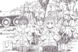Rule 34 | 1girl, 5boys, bag, beanie, boots, brown theme, character request, closed mouth, coat, dot nose, eating, food, hat, horikou, jacket, medium hair, military, military uniform, military vehicle, monochrome, motor vehicle, multiple boys, onigiri, outdoors, pants, real life, sandwich, short hair, shoulder bag, sitting, smile, soldier, soviet, soviet army, tank, tree, uniform, winter clothes, winter coat, yurucamp