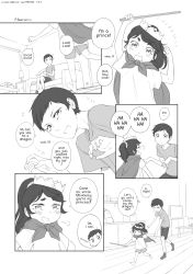 Rule 34 | 1boy, 1girl, age difference, bad id, bad pixiv id, cape, child, comic, commentary, crown, english commentary, english text, greyscale, highres, monochrome, original, ponytail, reavz, shirt, shorts, t-shirt, thick eyebrows, uncle and niece