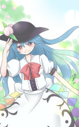 Rule 34 | 1girl, blue hair, bow, gradient background, hand on headwear, hat, highres, hinanawi tenshi, light particles, long hair, looking at viewer, red eyes, signature, sketch, solo, touhou, yuzuna99