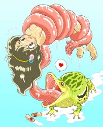 Rule 34 | 1girl, barefoot, breasts, brown hair, feet, frog, hair bobbles, hair ornament, heart, long hair, long tongue, nipples, nude, open mouth, original, pukao, shoes, small breasts, solo, speech bubble, spoken heart, toes, tongue, tongue out, vore