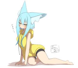 Rule 34 | 1girl, absurdres, animal ear fluff, animal ears, arm support, bare arms, bare shoulders, barefoot, bike shorts, black shorts, blue hair, blush, breasts, check translation, closed mouth, commentary request, drawstring, hair between eyes, highres, hood, hoodie, idaten93, long hair, looking at viewer, medium breasts, original, shadow, shorts, sidelocks, simple background, sleeveless, sleeveless hoodie, solo, terufu-chan, translation request, white background, yellow eyes, yellow hoodie