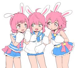 Rule 34 | 10s, 3boys, ahoge, animal ears, animal hands, blush, braid, color connection, ensemble stars!, flat color, gloves, green eyes, hair color connection, himemiya tori, king of prism, king of prism by prettyrhythm, male focus, multiple boys, open mouth, paw gloves, pink eyes, pink hair, pretty rhythm, pretty series, pripara, rabbit ears, rabbit paws, reona west, sailor collar, saionji leo, short hair, short shorts, shorts, sidelocks, simple background, single braid, skirt, smile, trap, white background