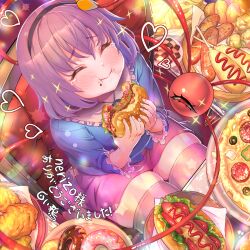 Rule 34 | 1girl, bell pepper, bell pepper slice, blue shirt, blush, burger, closed eyes, closed mouth, collared shirt, commission, commissioner name, doughnut, eating, eyeball, food, frilled shirt collar, frills, heart, highres, holding, holding food, hot dog, komeiji satori, pink hair, pink shorts, pizza, plump, shiroi karasu, shirt, short hair, shorts, skeb commission, solo, thick thighs, thighs, third eye, touhou