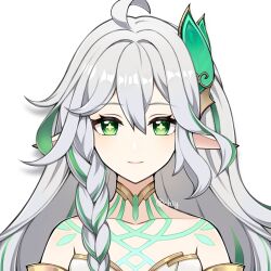 Rule 34 | 1girl, ahoge, braid, chishahaone, cross-shaped pupils, genshin impact, green eyes, green hair, grey hair, highres, long hair, looking at viewer, multicolored hair, official style, pointy ears, rukkhadevata (genshin impact), side braid, smile, solo, streaked hair, symbol-shaped pupils