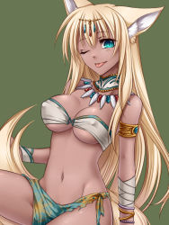 Rule 34 | 1girl, :p, animal ears, armlet, blonde hair, blue eyes, breasts, commentary request, covered erect nipples, dark-skinned female, dark skin, fox ears, fox tail, green background, headpiece, jewelry, konshin, large breasts, long hair, looking at viewer, navel, necklace, one eye closed, original, pelvic curtain, simple background, smile, solo, tail, tongue, tongue out, tooth necklace, underwear, very long hair