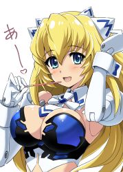 Rule 34 | 10s, 1girl, :d, altrene, blonde hair, blue eyes, blush, breasts, busou shinki, cleavage, doll joints, eating, elbow gloves, food, gloves, hair ornament, highres, joints, large breasts, long hair, looking at viewer, necktie, open mouth, pocky, simple background, smile, solo, white background, white gloves, wrist cuffs, yumekaranigeruna