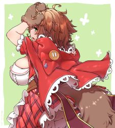 Rule 34 | :3, ahoge, animal hands, animal hood, arm up, breasts, brown gloves, brown hair, cape, claws, cowboy shot, frilled sleeves, frills, from behind, from side, gloves, green background, green eyes, hand on own head, highres, hood, hood down, hooded cape, huge breasts, layered skirt, looking at viewer, looking back, messy hair, nijisanji, open mouth, paw gloves, plaid, plaid skirt, pleated skirt, red cape, rutsubo, short sleeves, sideboob, simple background, skirt, smile, standing, thighhighs, virtual youtuber, warabeda meiji