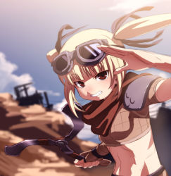 Rule 34 | 1girl, angry, arm up, armor, blonde hair, blurry, blush, boomerang, depth of field, fingerless gloves, flat chest, furious, gloves, goggles, goggles on head, grin, hitokata no ou, kuroba nao, loosum hagar, midriff, perspective, red eyes, salute, scarf, shoulder pads, smile, solo, sunlight, tasaka shinnosuke, twintails, weapon