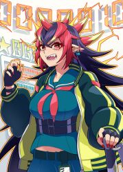 Rule 34 | 1girl, black hair, black skirt, breasts, colored sclera, delinquent, duel monster, ear piercing, fingerless gloves, freckles, gloves, highres, holding, holding sword, holding weapon, horns, jacket, large breasts, long hair, looking at viewer, midriff peek, multicolored hair, oni horns, open mouth, piercing, pointy ears, red eyes, red hair, school uniform, seven-segment display, sharp teeth, skirt, solo, sukeban, sword, teeth, upper body, very long hair, weapon, yata masahara, yellow jacket, yellow sclera, you&#039;re finished (yu-gi-oh!), yu-gi-oh!