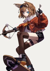 Rule 34 | 1girl, absurdres, aciddrop (arknights), animal ears, arknights, arrow (projectile), belt, black footwear, black gloves, black shorts, blue eyes, boots, bow (weapon), brown thighhighs, crossbow, gloves, grey background, high collar, highres, holding, holding arrow, holding crossbow, holding weapon, infection monitor (arknights), jacket, long sleeves, looking at viewer, quiver, red jacket, semi-rimless eyewear, shorts, simple background, skateboard, solo, sunglasses, thighhighs, weapon, yoon cook