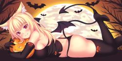 Rule 34 | 1girl, animal ear fluff, animal ears, ass, bat (animal), black panties, blonde hair, blush, boots, breasts, cat ears, commentary, demon tail, demon wings, english commentary, full moon, halloween, high heel boots, high heels, highres, jack-o&#039;-lantern, large breasts, long hair, looking at viewer, lying, moon, nottytiffy, on stomach, original, panties, red eyes, slit pupils, smile, solo, tail, thigh boots, thighhighs, tiffy (nottytiffy), underwear, wings