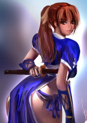 Rule 34 | 1girl, ass, breasts, dead or alive, highres, kasumi (doa), long hair, looking back, onishinx, pelvic curtain, ponytail, short sleeves, sword, thighs, weapon