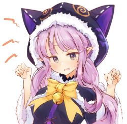 Rule 34 | 1girl, animal hood, bell, blunt bangs, bow, capelet, cat hood, fur-trimmed capelet, fur-trimmed hood, fur trim, hands up, highres, hood, jingle bell, keinesandayoooo, kyoka (halloween) (princess connect!), kyoka (princess connect!), looking at viewer, open mouth, pink hair, pointy ears, princess connect!, purple eyes, simple background, solo, tears, upper body, wavy mouth, white background, yellow bow