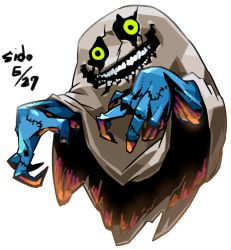 Rule 34 | bakemon, blue skin, colored skin, dated, digimon, full body, ghost, green eyes, grin, no humans, sido (slipknot), signature, smile, solo, teeth, transparent background