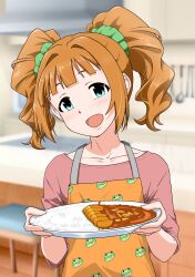 Rule 34 | 1girl, animal print, apron, blue eyes, blurry, blurry background, blush, breasts, brown hair, chair, collarbone, curry, curry rice, food, frog print, green scrunchie, hair ornament, hair scrunchie, hands up, highres, holding, holding plate, idolmaster, idolmaster (classic), idolmaster million live!, idolmaster million live! theater days, indoors, katsu curry, kitchen, ladle, long hair, long sleeves, open mouth, orange apron, pink shirt, plate, print apron, rice, scrunchie, shirt, small breasts, smile, solo, spatula, takatsuki yayoi, the end of chun, tongs, twintails