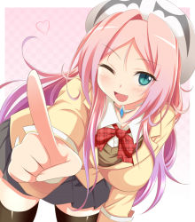 Rule 34 | 1girl, :d, ;d, aqua eyes, black thighhighs, blush, breasts, dra+koi, fang, hat, heart, heroine (dra+koi), index finger raised, large breasts, leaning forward, long hair, looking at viewer, nitroplus, one eye closed, open mouth, pink hair, pointing, school uniform, skirt, slit pupils, smile, solo, thighhighs, violetshit, wink