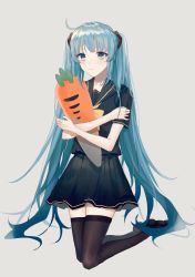 Rule 34 | 1girl, absurdres, ahoge, arm across waist, asagi jin, black footwear, black sailor collar, black shirt, black skirt, black thighhighs, blue eyes, blue hair, bow, bowtie, carrot, closed mouth, commentary, english commentary, full body, grey background, hatsune miku, highres, holding, legs together, light frown, loafers, long hair, pleated skirt, sailor collar, school uniform, serafuku, shirt, shoes, simple background, skirt, solo, thighhighs, thighs, very long hair, vocaloid, yellow bow, yellow bowtie, zettai ryouiki