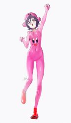 Rule 34 | 1girl, :o, absurdres, arm up, black choker, black eyes, black hair, bleach, bodysuit, breasts, choker, clenched hands, covered navel, full body, highres, kirby, kuchiki rukia, open mouth, pink bodysuit, red footwear, short hair, simple background, skin tight, small breasts, solo, standing, standing on one leg, waligner, white background