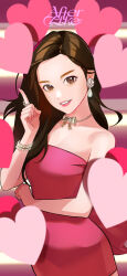 Rule 34 | 1girl, absurdres, after like (ive), animification, bare shoulders, bow, bracelet, breasts, brown eyes, brown hair, collarbone, dress, earrings, hair behind ear, heart, highres, ive (group), jewelry, k-pop, long hair, looking at viewer, making-of available, medium breasts, necklace, parted lips, pink dress, pink lips, pink nails, pointing, pointing up, real life, ring, solo, song name, strapless, strapless dress, yeoneotail, yujin (ive)