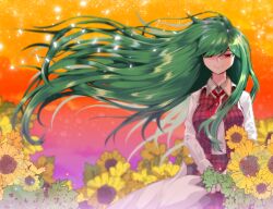 Rule 34 | 1girl, alternate hair length, alternate hairstyle, blurry, blurry background, breasts, closed mouth, closed umbrella, collared shirt, cowboy shot, field, flower, flower field, gradient background, green hair, hair between eyes, hair over one eye, holding, holding umbrella, kazami yuuka, light smile, long hair, long sleeves, looking at viewer, medium breasts, mindoll, neck ribbon, one-hour drawing challenge, orange background, plaid, plaid skirt, plaid vest, purple background, red eyes, red ribbon, red skirt, red vest, ribbon, shirt, skirt, solo, sunflower, touhou, umbrella, very long hair, vest, white shirt, yellow flower