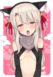 Rule 34 | 1girl, animal ears, bell, blush, breasts, cat ears, dangeroes beast (illya), elbow gloves, fate/kaleid liner prisma illya, fate (series), fur trim, gloves, hair bell, hair ornament, heart, heart-shaped pupils, heart background, illyasviel von einzbern, long hair, looking at viewer, motsuaki, official alternate costume, open mouth, pink background, pink eyes, saliva, silver hair, small breasts, solo, sweat, symbol-shaped pupils, tongue, tongue out, upper body