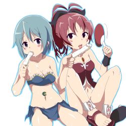 Rule 34 | 10s, 2girls, bad id, bare legs, bare shoulders, blue eyes, blue hair, blush, bottomless, bow, breasts, cleavage, collarbone, female focus, food, hair bow, hand fan, highres, hoshino., licking, mahou shoujo madoka magica, matching hair/eyes, medium breasts, miki sayaka, multiple girls, navel, no panties, outline, paper fan, ponytail, popsicle, red eyes, red hair, sakura kyoko, sexually suggestive, short hair, simple background, soul gem, suggestive fluid, sweat, tongue, uchiwa, white background