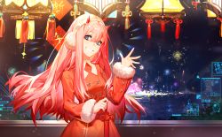 Rule 34 | 1girl, coat, commentary, cowboy shot, darling in the franxx, earmuffs, eyes visible through hair, fireworks, green eyes, grin, hair between eyes, hairband, hand up, highres, holding, holographic interface, horns, long hair, long sleeves, looking at viewer, night, night sky, oni horns, pink hair, red coat, red horns, sky, smile, solo, teeth, uniform, water, waving, white hairband, window, yyb, zero two (darling in the franxx)