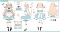 Rule 34 | 1girl, :d, ahoge, animal ears, apron, bad id, bad pixiv id, bare shoulders, black footwear, blue bow, blue dress, blue nails, blue sleeves, blush, bow, cat ears, cat girl, cat tail, center frills, character sheet, color guide, commentary request, copyright request, detached sleeves, dress, fang, frilled apron, frilled kneehighs, frills, full body, green eyes, hair between eyes, hair bow, hair ornament, hairclip, kneehighs, kurono kito, light brown hair, long hair, looking at viewer, maid headdress, multiple views, nail polish, open mouth, pocket watch, puffy short sleeves, puffy sleeves, roman numeral, shoes, short sleeves, simple background, sleeveless, sleeveless dress, smile, socks, standing, tail, tail bow, tail ornament, tail raised, translation request, turnaround, two side up, very long hair, virtual youtuber, waist apron, watch, white apron, white background, white socks, wrist cuffs