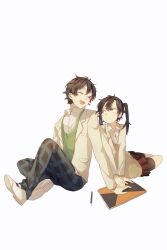 Rule 34 | 1boy, 1girl, ^ ^, annoyed, black hair, black shorts, blazer, blue pants, brown hair, cardigan, closed eyes, closed mouth, collared shirt, commentary, crossed ankles, english commentary, enomoto takane, green cardigan, hair between eyes, hand rest, headphones, highres, hisu (hiss 1107), jacket, kagerou project, kokonose haruka, leaning on person, long sleeves, looking at another, messy hair, mole, mole under eye, negative space, open clothes, open collar, open jacket, open mouth, pants, pencil, pleated skirt, red skirt, school uniform, shirt, shoes, short hair, shorts, simple background, sitting, sketchbook, skirt, smile, tsurime, twintails, white background, white footwear, white shirt, wide-eyed, yellow cardigan