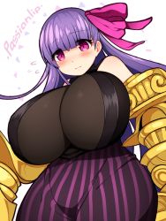 Rule 34 | 1girl, blush, bodysuit, breasts, character name, fate/extra, fate/extra ccc, fate/grand order, fate (series), flying sweatdrops, huge breasts, long hair, looking at viewer, mofuaki, passionlip (fate), pink eyes, purple hair, skirt, solo, striped clothes, striped skirt