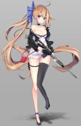 Rule 34 | 1girl, ahoge, armband, armpit peek, assault rifle, bare shoulders, black choker, black footwear, black jacket, black thighhighs, blonde hair, blue bow, blue eyes, blush, bow, bra, bra peek, breasts, brown hair, choker, cleavage, collarbone, colored skin, dress, eyes visible through hair, fal (girls&#039; frontline), floating hair, footwear bow, full body, girls&#039; frontline, gun, hair between eyes, harenchi, head tilt, highres, jacket, lace, lace-trimmed bra, lace trim, large breasts, lingerie, long hair, looking at viewer, magazine (weapon), mid-stride, off shoulder, open clothes, open mouth, pouch, ribbon, rifle, scope, shoes, short dress, side ponytail, single thighhigh, sleeve cuffs, sleeveless, solo, standing, strap, thigh strap, thighhighs, thighs, trigger discipline, underwear, very long hair, weapon, white dress, white skin