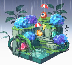 Rule 34 | 43, arms up, blue eyes, blush, blush stickers, brown eyes, commentary request, crystal, floating, full body, gradient background, grass, grey background, holding, holding umbrella, isometric, kirby, kirby (series), leaf, lily pad, moss, nintendo, no humans, one-eyed, overcast, parasol, plant, rain, roots, scenery, simple background, sky, stairs, umbrella, waddle dee, waddle doo, walking, water, white background