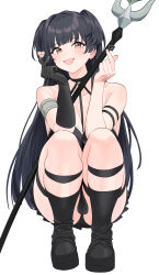 Rule 34 | 1girl, absurdres, bare shoulders, black dress, black footwear, black gloves, black hair, black panties, blush, cosplay, double finger heart, dress, finger heart, gloves, highres, idolmaster, idolmaster shiny colors, long hair, looking at viewer, mayuzumi fuyuko, nonbire, open mouth, panties, simple background, single glove, smile, solo, sousou no frieren, squatting, thigh strap, thighs, two side up, ubel (sousou no frieren), ubel (sousou no frieren) (cosplay), underwear, white background, yellow eyes