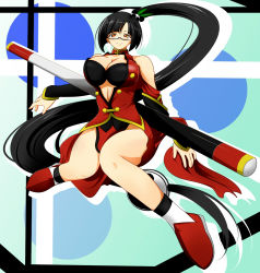 Rule 34 | 1girl, arc system works, bare shoulders, black bra, black hair, blazblue, blazblue: calamity trigger, bra, breasts, china dress, chinese clothes, cleavage, dress, female focus, full body, lao jiu, large breasts, lingerie, litchi faye ling, long hair, ponytail, solo, staff, tenpesuto, underwear, very long hair