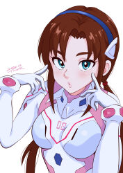 Rule 34 | 1girl, absurdres, blue eyes, blush, bodysuit, breasts, brown hair, commentary request, evangelion: 3.0+1.0 thrice upon a time, hair intakes, hairband, highres, interface headset, long hair, looking at viewer, makinami mari illustrious, medium breasts, neon genesis evangelion, no eyewear, pilot suit, plugsuit, pointing, pointing at self, rebuild of evangelion, science fiction, solo, tsunemoku, twintails, white background, white bodysuit