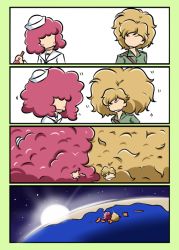 Rule 34 | 2girls, 4koma, belt, black neckerchief, blouse, blush stickers, bottle, closed mouth, comic, commentary, curly hair, dixie cup hat, earth (planet), frown, girls und panzer, green shirt, grimace, hat, holding, holding bottle, japan, kamonohashi (girls und panzer), koala forest military uniform, kogane (staygold), leaning forward, long hair, looking at another, looking back, messy hair, military hat, motion lines, multiple girls, neckerchief, no eyes, ooarai naval school uniform, open mouth, planet, rum (girls und panzer), sailor, sailor collar, sam browne belt, school uniform, shirt, short hair, sky, smile, space, sparkle, standing, star (sky), starry sky, sun, tilted headwear, white headwear