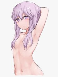 Rule 34 | 1girl, arm up, armpits, blush, breasts, bright pupils, closed mouth, convenient censoring, expressionless, hair censor, hair over breasts, highres, looking at viewer, mochi (mochi444420), navel, nude, purple eyes, purple hair, short hair with long locks, simple background, small breasts, solo, vocaloid, voiceroid, wet, wet hair, white background, yuzuki yukari