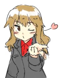 Rule 34 | 1girl, blowing kiss, blush, brown eyes, brown hair, collared shirt, fernandia malvezzi, heart, long hair, lowres, makaze (t-junction), military, military uniform, one eye closed, shirt, solo, strike witches, strike witches: kurenai no majo-tachi, uniform, world witches series