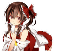Rule 34 | 1girl, absurdres, alternate hairstyle, ascot, bare shoulders, bent over, blush, bow, brown eyes, brown hair, colorized, detached sleeves, hair bow, hair tubes, hakurei reimu, hand up, highres, light smile, looking at viewer, minoku (hiromitvxq), ribbon-trimmed sleeves, ribbon trim, short hair, side ponytail, simple background, skirt, skirt set, solo, toosaka asagi, touhou, white background
