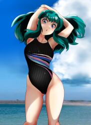 Rule 34 | 1girl, absurdres, arms up, black one-piece swimsuit, blue eyes, blue sky, breasts, cloud, competition swimsuit, cone horns, day, eyeshadow, feet out of frame, green hair, highres, horns, long hair, looking at viewer, lum, makeup, medium breasts, multicolored clothes, multicolored swimsuit, nanao futaba, ocean, one-piece swimsuit, outdoors, pointy ears, sky, solo, sparkle, striped clothes, striped one-piece swimsuit, swimsuit, urusei yatsura, vertical-striped clothes, vertical-striped one-piece swimsuit
