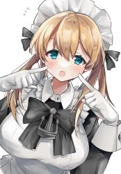 Rule 34 | 1girl, :d, anchor, apron, black ribbon, blue eyes, breasts, cheek poking, finger to cheek, frills, gloves, highres, kantai collection, large breasts, maid, maid headdress, open mouth, orange hair, poking, prinz eugen (kancolle), ribbon, simple background, smile, toriniku senshi chikinman, twintails, white background