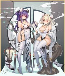 Rule 34 | 2girls, animal ears, bare shoulders, blonde hair, blush, boots, breasts, cleavage, closed mouth, detached sleeves, dress, full body, high heels, highres, large breasts, long hair, long sleeves, looking at viewer, multiple girls, obiwan, original, purple hair, red eyes, sitting, smile, smoke, standing, tail, thigh boots, thighhighs, thighs, tiger tail, weisuoxin, white dress, white footwear