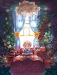 Rule 34 | 1boy, bed, bedroom, book, cake, child, cup, flower, food, green eyes, indoors, inkwell, male focus, open book, pointy ears, pot, quill, quill pen, reading, short hair, solo, teacup, white hair, yukiusagi1983