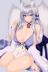 Rule 34 | 1girl, absurdres, alternate costume, animal ears, azur lane, babydoll, barefoot, blue bow, blue camisole, blue choker, blue eyes, blush, bow, breasts, camisole, choker, cleavage cutout, clothing cutout, commentary, feather boa, flower choker, fox ears, fox girl, fox tail, full body, grey background, grey hair, hair between eyes, hair ornament, highres, large breasts, long hair, looking at viewer, multiple tails, parted lips, shinano (azur lane), sidelocks, simple background, sironekomia1, sitting, solo, strap pull, strap slip, tail, very long hair, wrist flower, wristband