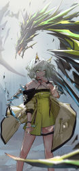 Rule 34 | 1girl, absurdres, animal ear fluff, animal ears, arknights, bare shoulders, blood, cat ears, commentary request, dragon, dress, green dress, green eyes, highres, jacket, kal&#039;tsit (arknights), material growth, oripathy lesion (arknights), piao miao, see-through, see-through sleeves, short hair, silver hair, solo