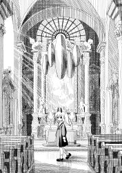 Rule 34 | 1girl, :o, absurdres, altar, church, collared dress, crosshatching, dress, expressionless, floating, floating hair, floating object, from side, greyscale, hatching (texture), heel up, highres, horns, indoors, kneehighs, light rays, long hair, long sleeves, looking at viewer, looking to the side, mary janes, monochrome, neck ribbon, nerio (neri akira), original, parted lips, pew, puffy long sleeves, puffy sleeves, ribbon, shadow, shoes, short dress, sidelighting, sidelocks, sleeve cuffs, socks, solo, twintails, walking, wide shot
