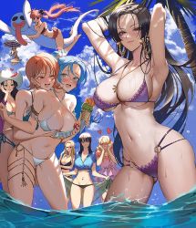 Rule 34 | 1boy, 6+girls, adjusting eyewear, alvida (one piece), arm scrunchie, armlet, armpits, arms behind head, arms up, bikini, black hair, blonde hair, blue sky, blush, boa hancock, breasts, brown eyes, cleavage, closed mouth, cloud, crossdressing, dessert, dress, drill hair, earrings, embarrassed, floating, floating hair, flying, food, full-face blush, glasses, gluteal fold, grabbing, grabbing another&#039;s breast, grabbing from behind, green eyes, hand on eyewear, hat, heart, holding, holding food, holding sarong, ice cream cone, jewelry, kalifa (one piece), large breasts, lips, long hair, lovestruck, lying, medium hair, miss valentine, multiple girls, nami (one piece), navel, necklace, nefertari vivi, nico robin, nose blush, on stomach, one eye closed, one piece, open mouth, orange hair, palm tree, perona, pink dress, ponytail, runa (nori31291404), sanji (one piece), sarong, shirt, short hair, skindentation, sky, smile, snake earrings, straight hair, swimsuit, thighlet, thighs, tied shirt, tree, twintails, umbrella, very long hair, wading, water