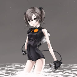 Rule 34 | 1girl, black gloves, bodysuit, brown eyes, brown hair, cable, cowboy shot, diving suit, gloves, goggles, grey background, holding, kazuoki, leotard, looking at viewer, machinery, original, shoes, simple background, skin tight, solo, standing, wading, water, wetsuit, wire