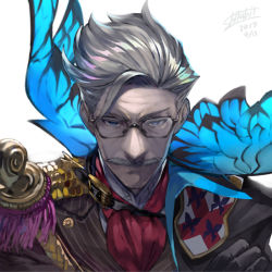 Rule 34 | 1boy, artist name, black-framed eyewear, blue eyes, dated, facial hair, fate/grand order, fate (series), formal, glasses, grey hair, james moriarty (archer) (fate), male focus, mustache, shirabi, signature, simple background, solo, suit, uniform, white background
